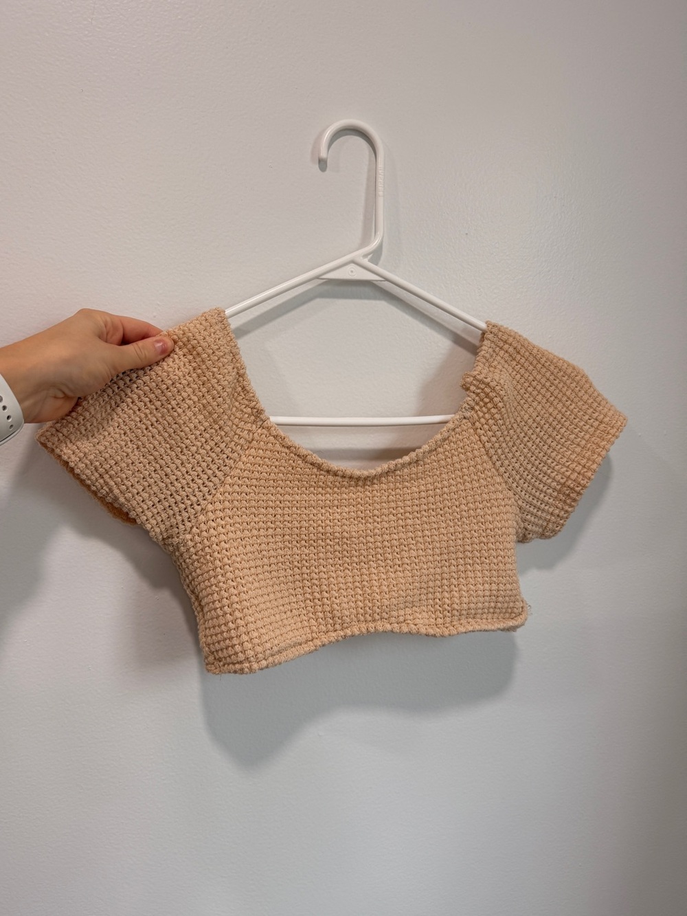 Textured Beige Knit Crop Top with Scoop Neck
